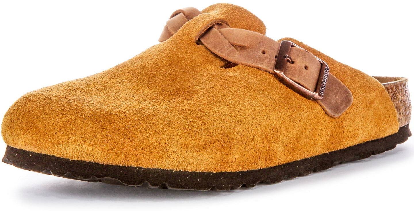 Zoccoli Birkenstock Boston | Pelle scamosciata color visone - Cinturino intrecciato da donna