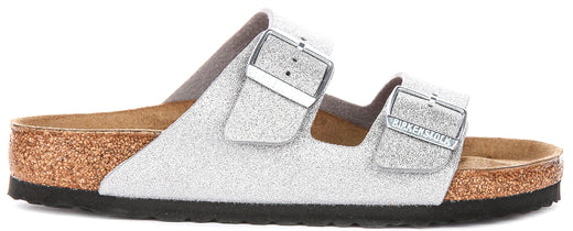 Birkenstock Arizona Sandals | Metallic Silver Birko-Flor - Metallic Finish for Women - Regular Fit