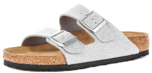 Birkenstock Arizona Sandals | Metallic Silver Birko-Flor - Metallic Finish for Women - Regular Fit