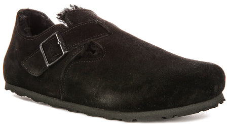 Zoccoli Birkenstock London | Pelle scamosciata nera con fodera in shearling da donna - calzata regolare