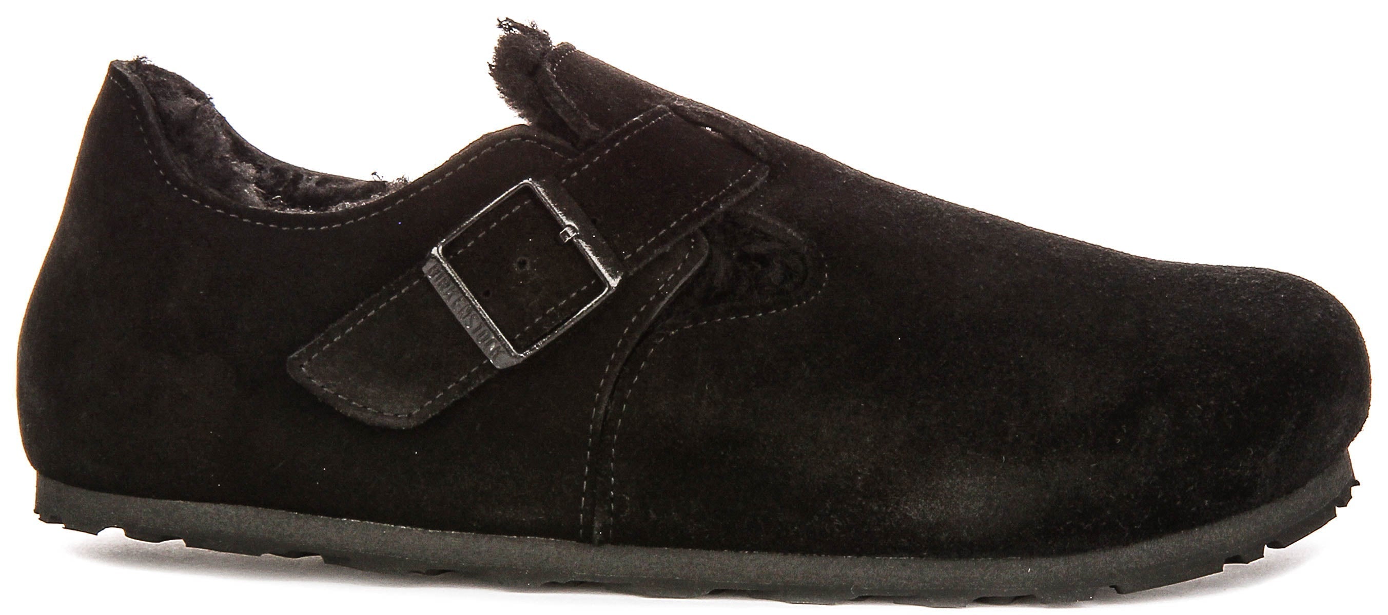 Zoccoli Birkenstock London | Pelle scamosciata nera con fodera in shearling da donna - calzata regolare