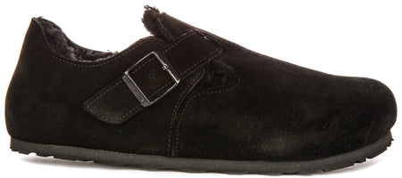 Zoccoli Birkenstock London | Pelle scamosciata nera con fodera in shearling da donna - calzata regolare