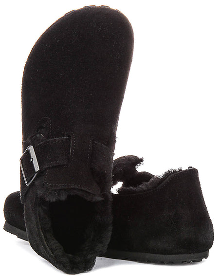 Zoccoli Birkenstock London | Pelle scamosciata nera con fodera in shearling da uomo e donna - calzata stretta