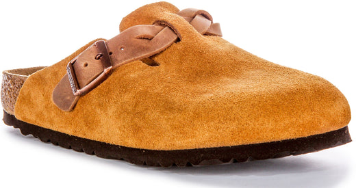 Zoccoli Birkenstock Boston | Pelle scamosciata color visone - Cinturino intrecciato da donna