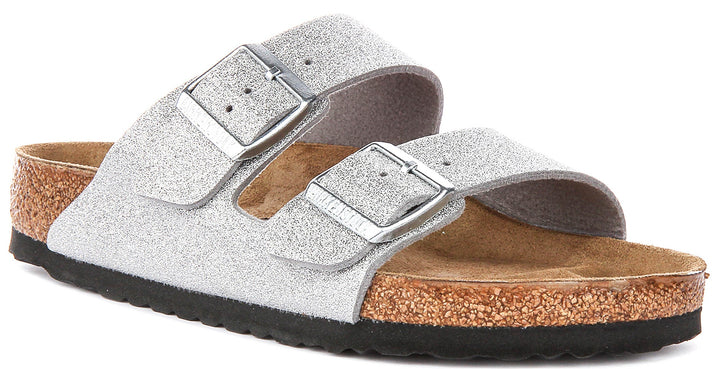 Birkenstock Arizona Sandals | Metallic Silver Birko-Flor - Metallic Finish for Women - Regular Fit