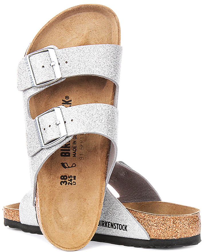Birkenstock Arizona Sandals | Metallic Silver Birko-Flor - Metallic Finish for Women - Regular Fit