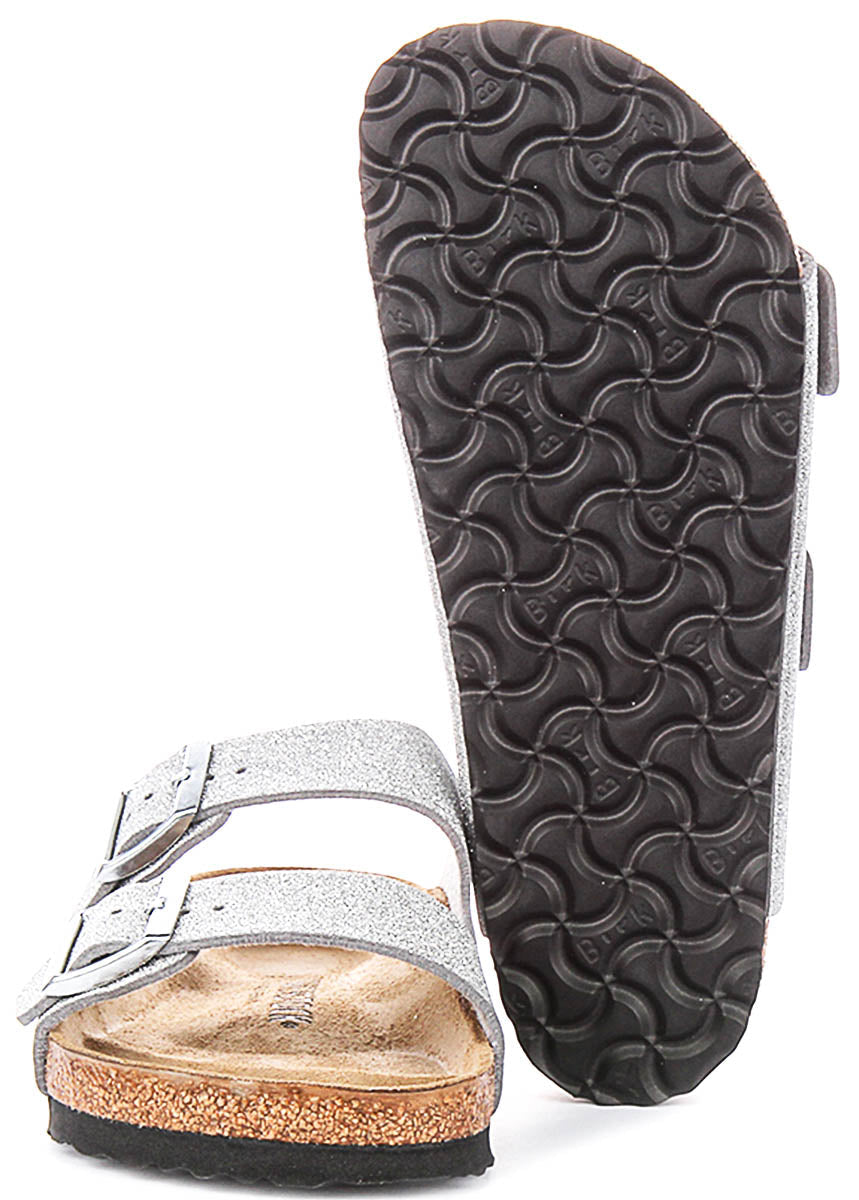 Birkenstock Arizona Sandals | Metallic Silver Birko-Flor - Metallic Finish for Women - Regular Fit