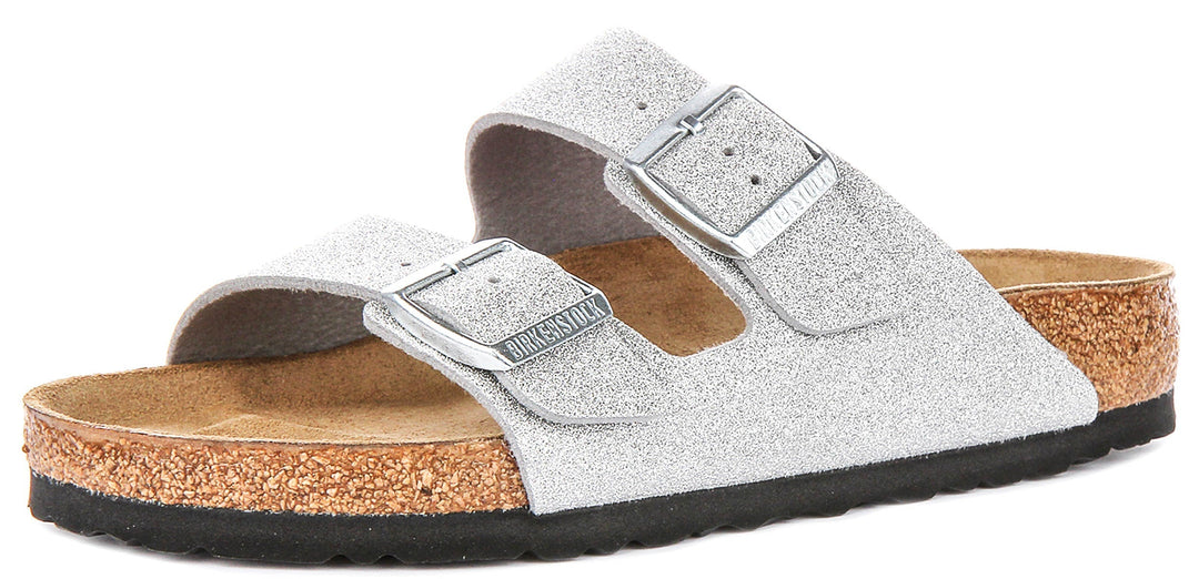 Birkenstock Arizona Sandals | Metallic Silver Birko-Flor - Metallic Finish for Women - Regular Fit