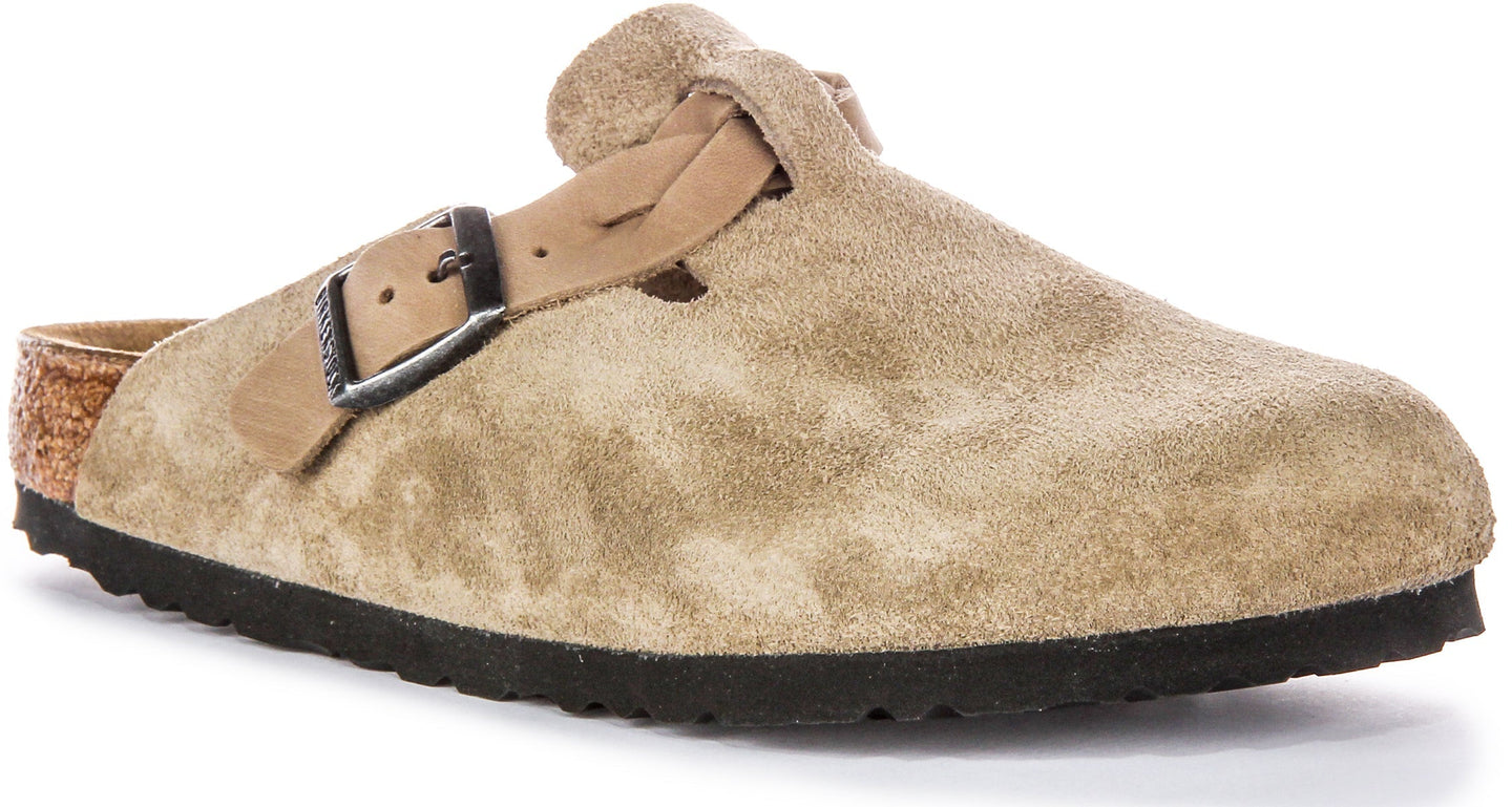 Zoccoli Birkenstock Boston | Pelle scamosciata color tortora - Cinturino intrecciato da donna