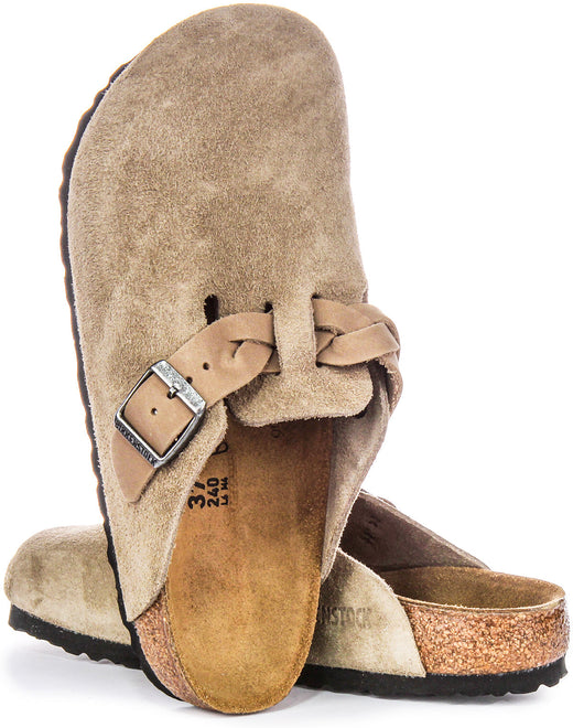 Zoccoli Birkenstock Boston | Pelle scamosciata color tortora - Cinturino intrecciato da donna