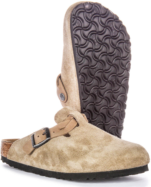 Zoccoli Birkenstock Boston | Pelle scamosciata color tortora - Cinturino intrecciato da donna