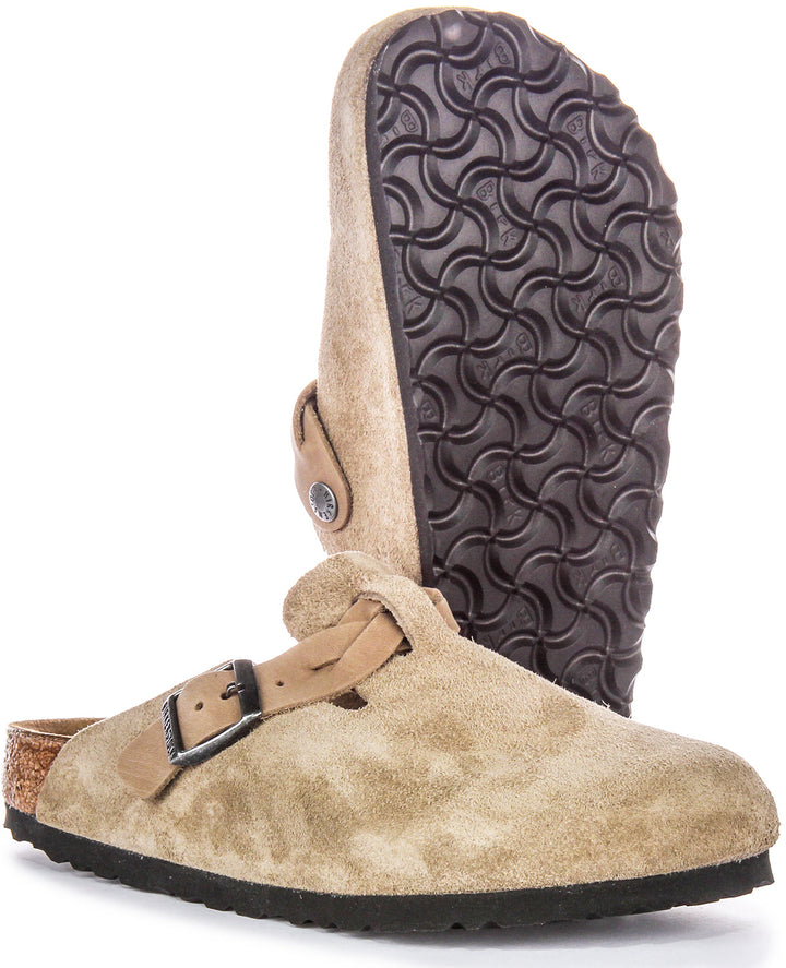 Birkenstock Boston Clogs | Taupe suede leather - Braided Strap for Women