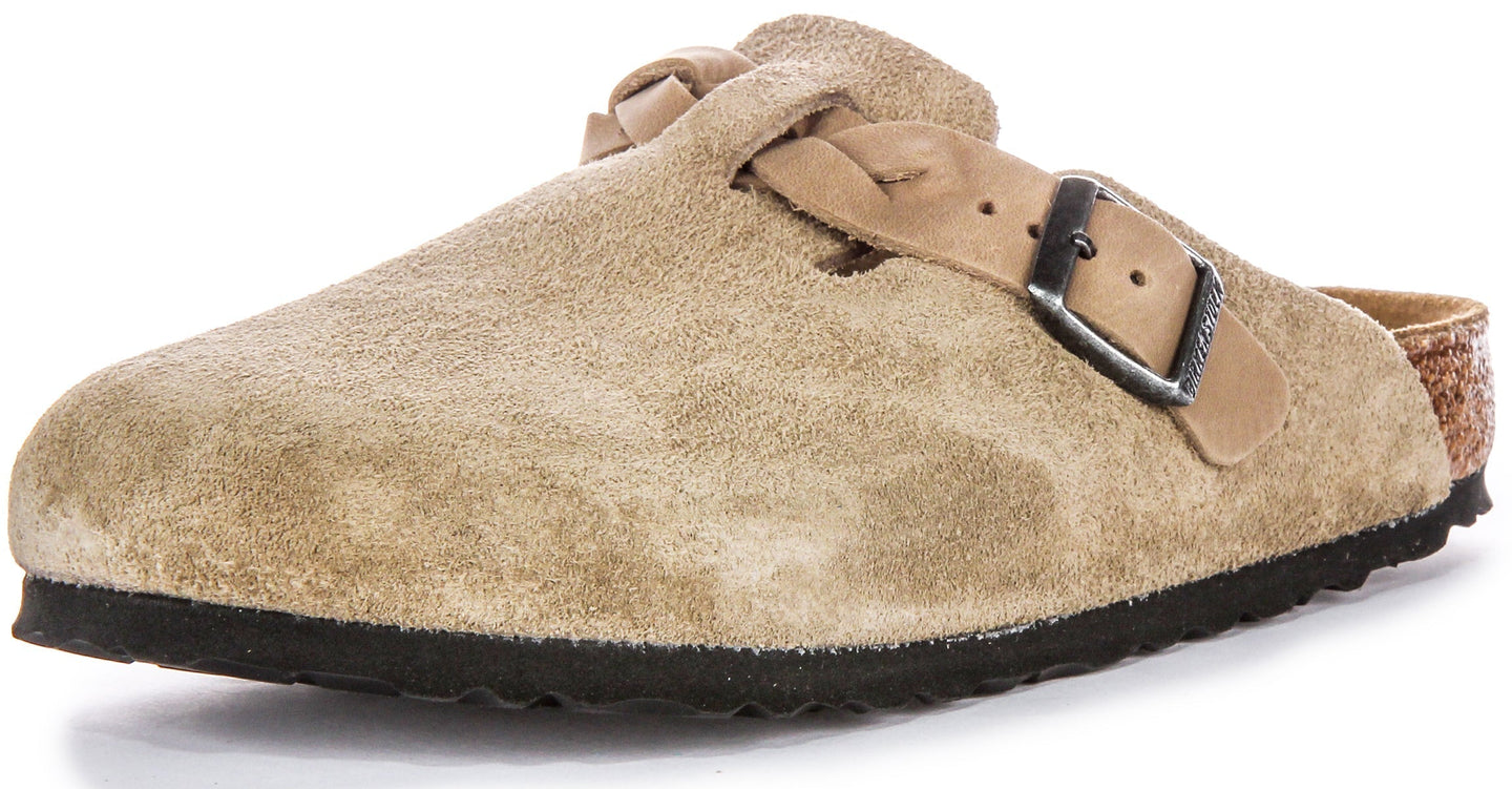 Zoccoli Birkenstock Boston | Pelle scamosciata color tortora - Cinturino intrecciato da donna
