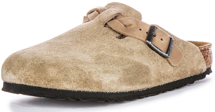 Birkenstock Boston Clogs | Taupe suede leather - Braided Strap for Women