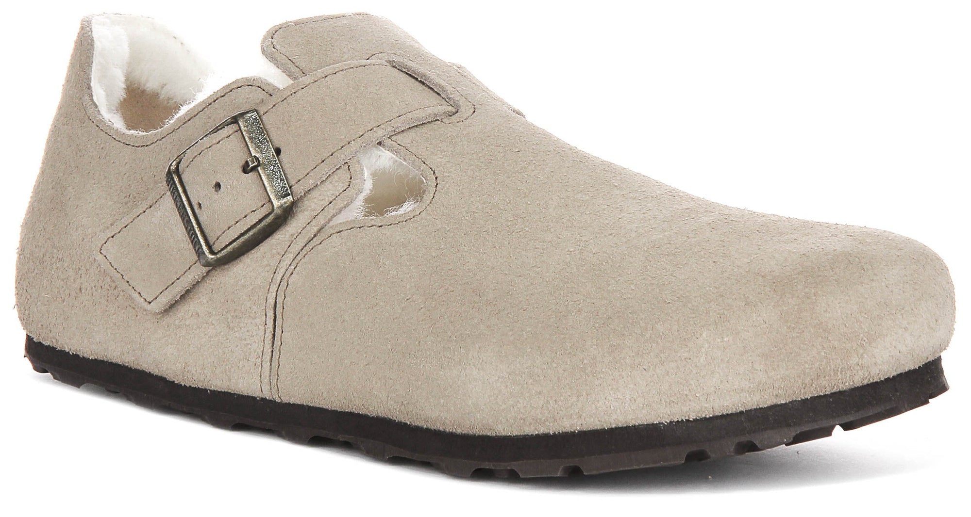 Zoccoli Birkenstock London | Pelle scamosciata color tortora con fodera in shearling per donna