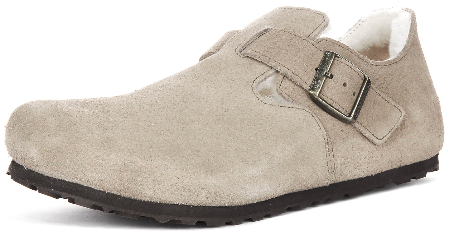 Zuecos Birkenstock London | ante color topo con forro de borreguito para mujeres