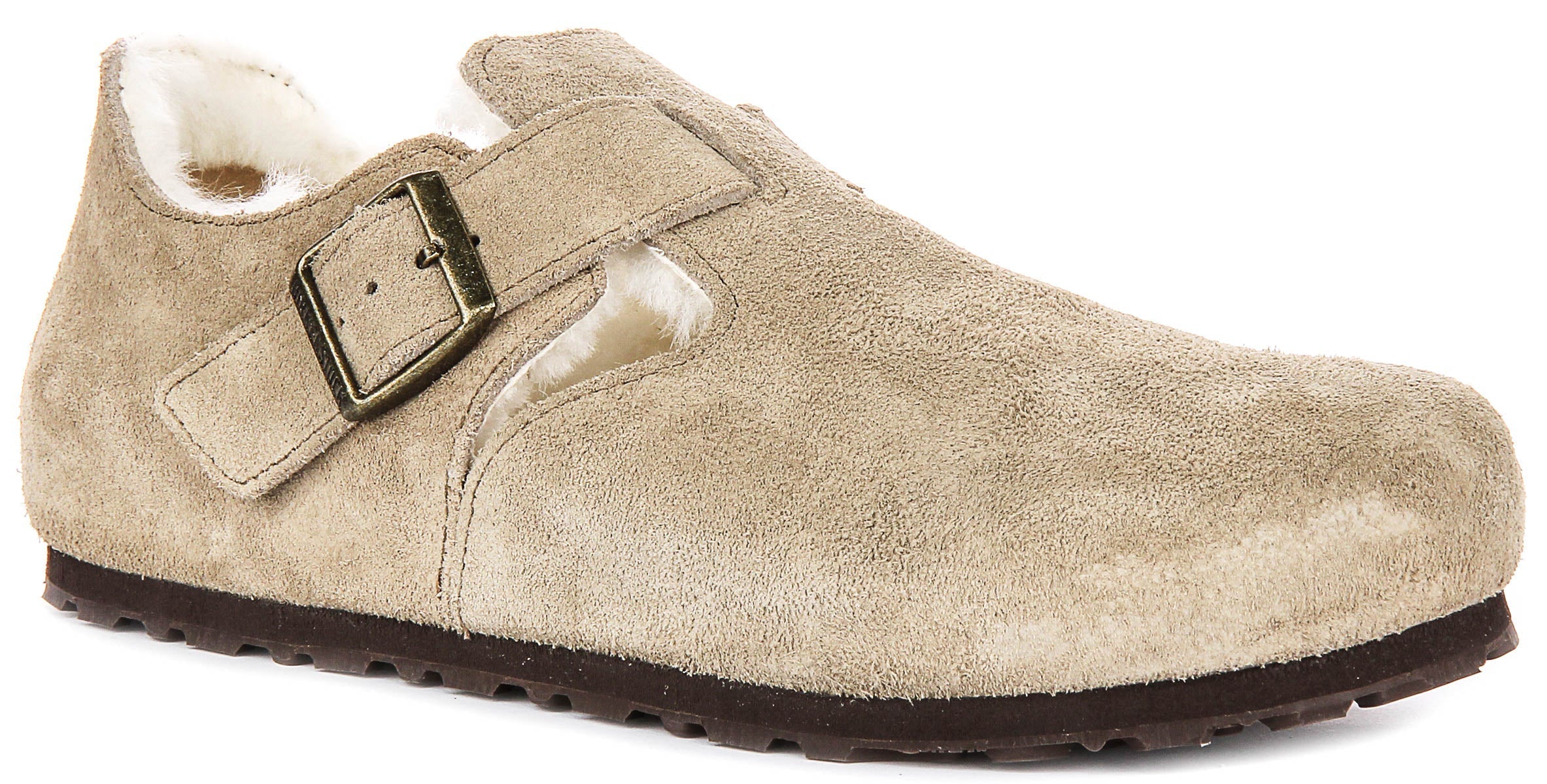 Birkenstock London-tofflor | Taupefärgad mocka med fårskinnsfoder för män och kvinnor – smal läst