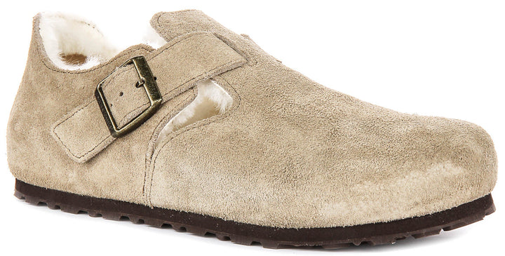 Birkenstock London Clogs | Taupe shearling-lined suede for Men and Women - Narrow Fit