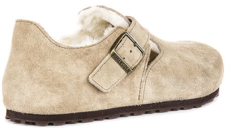 Birkenstock London-tofflor | Taupefärgad mocka med fårskinnsfoder för män och kvinnor – smal läst