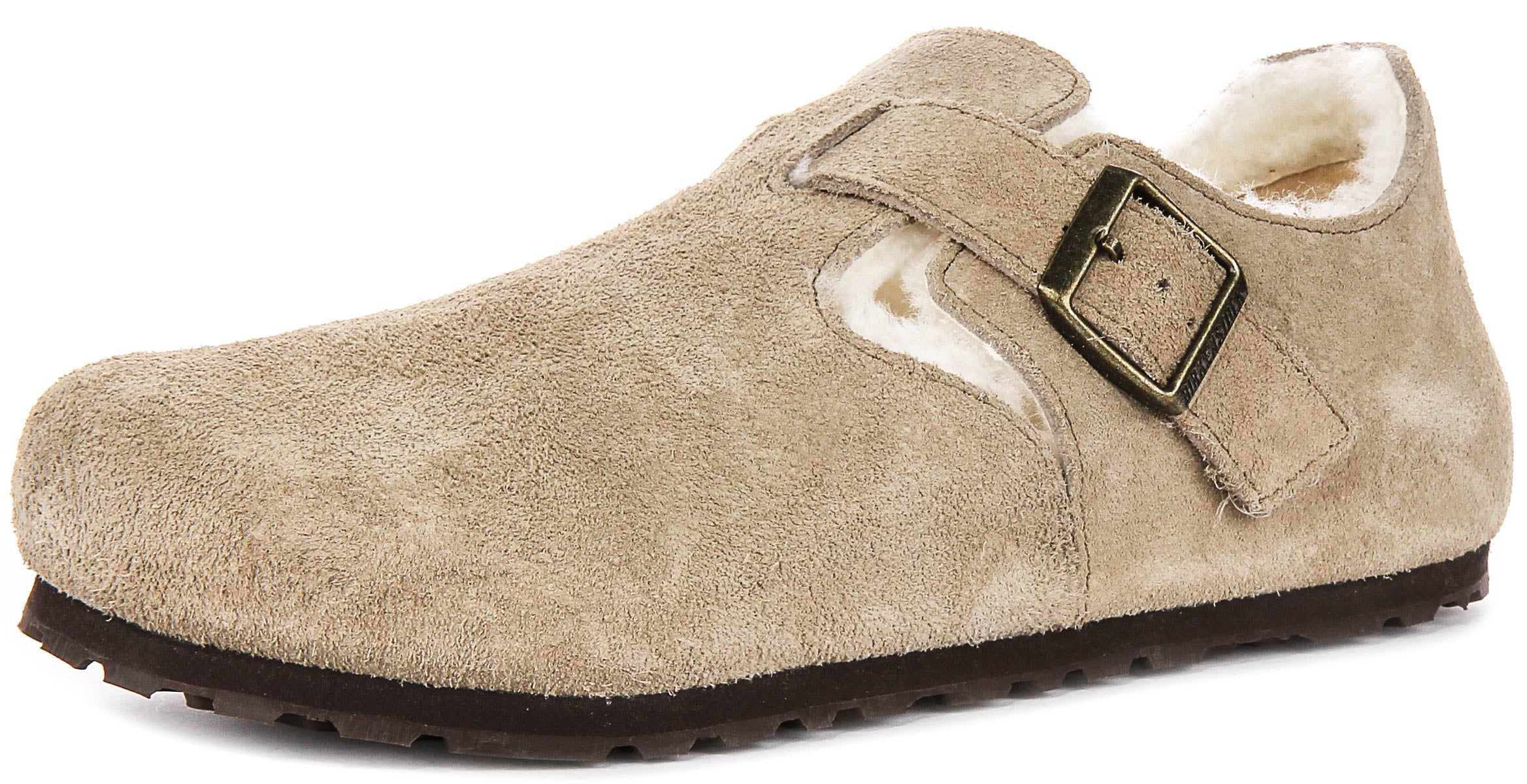 Birkenstock London-tofflor | Taupefärgad mocka med fårskinnsfoder för män och kvinnor – smal läst
