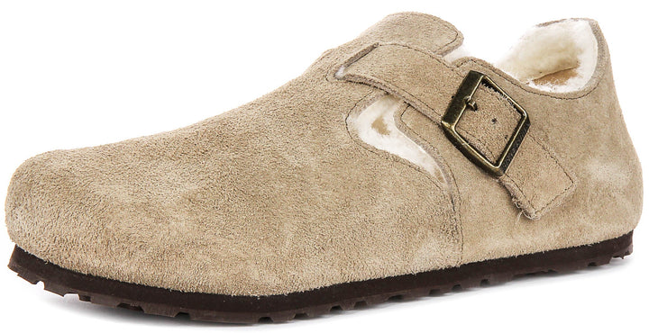 Birkenstock London Clogs | Taupe shearling-lined suede for Men and Women - Narrow Fit